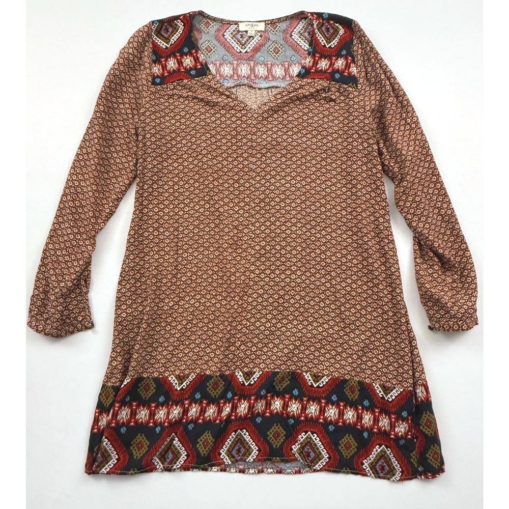 Umgee Tunic Dress‎ Aztec Print Long Sleeve Casual Boho Mini Dress S